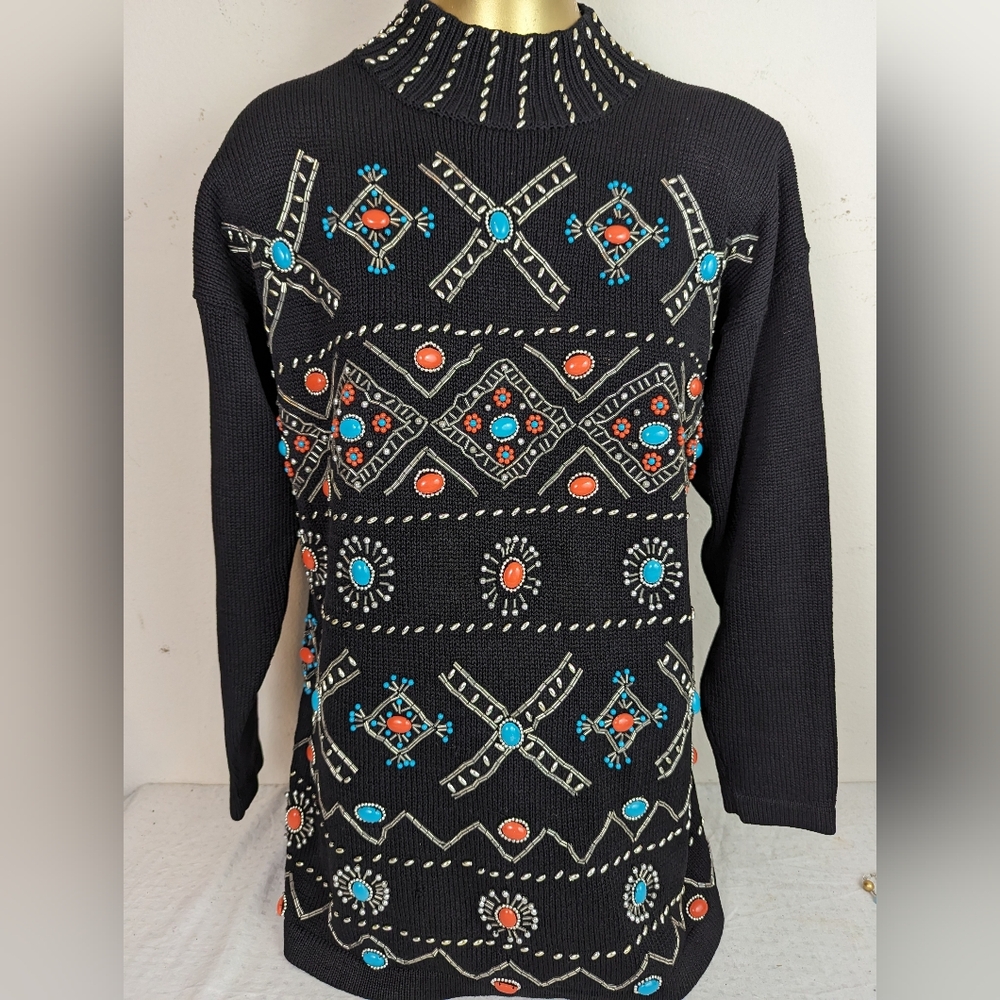 Spectacular Embellished Turquoise & Silver Sweater Studio Collections Medium